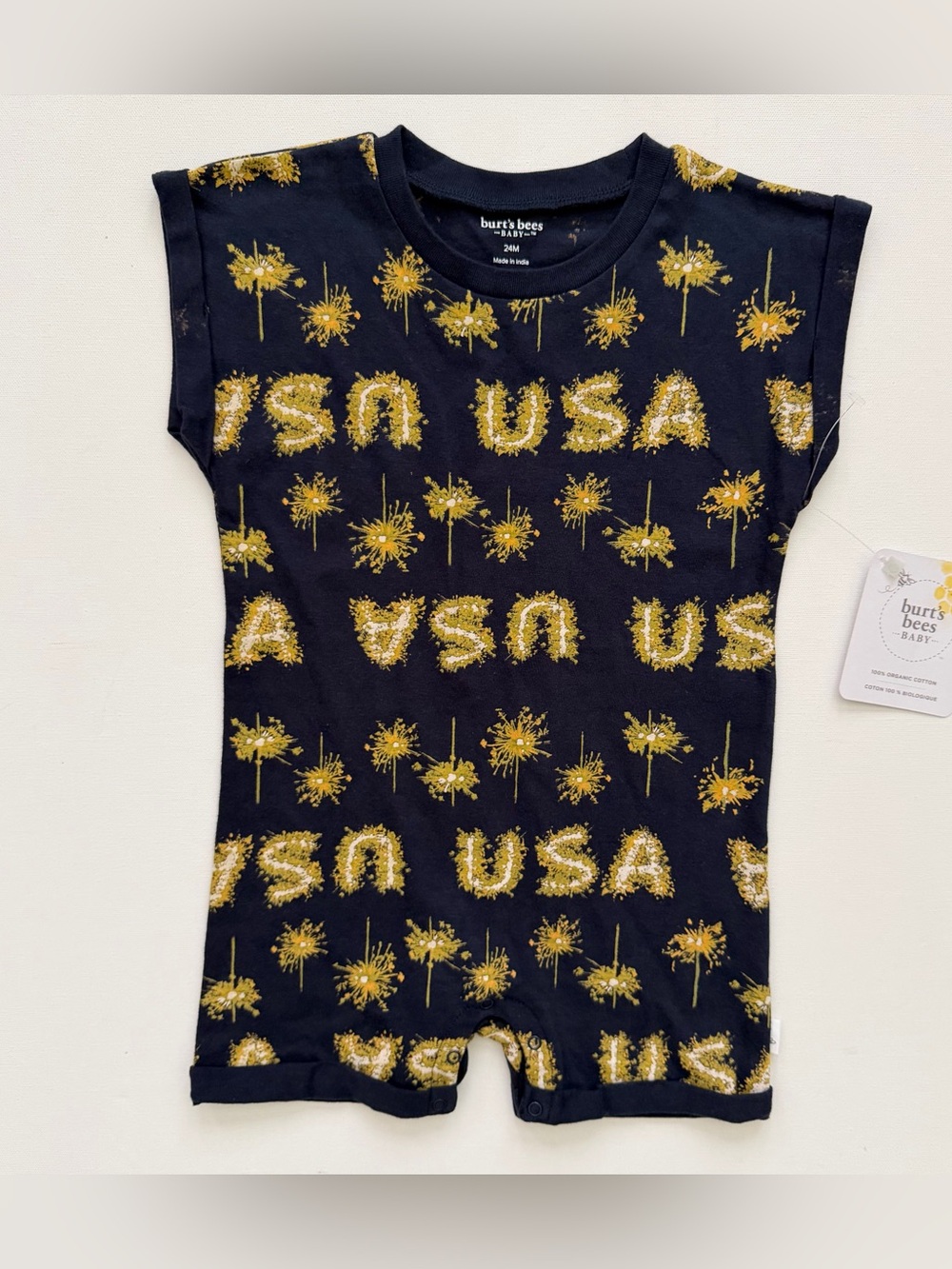 Burt's Bees Baby Navy Romper with Gold Floral Burst Print Size 24 Months